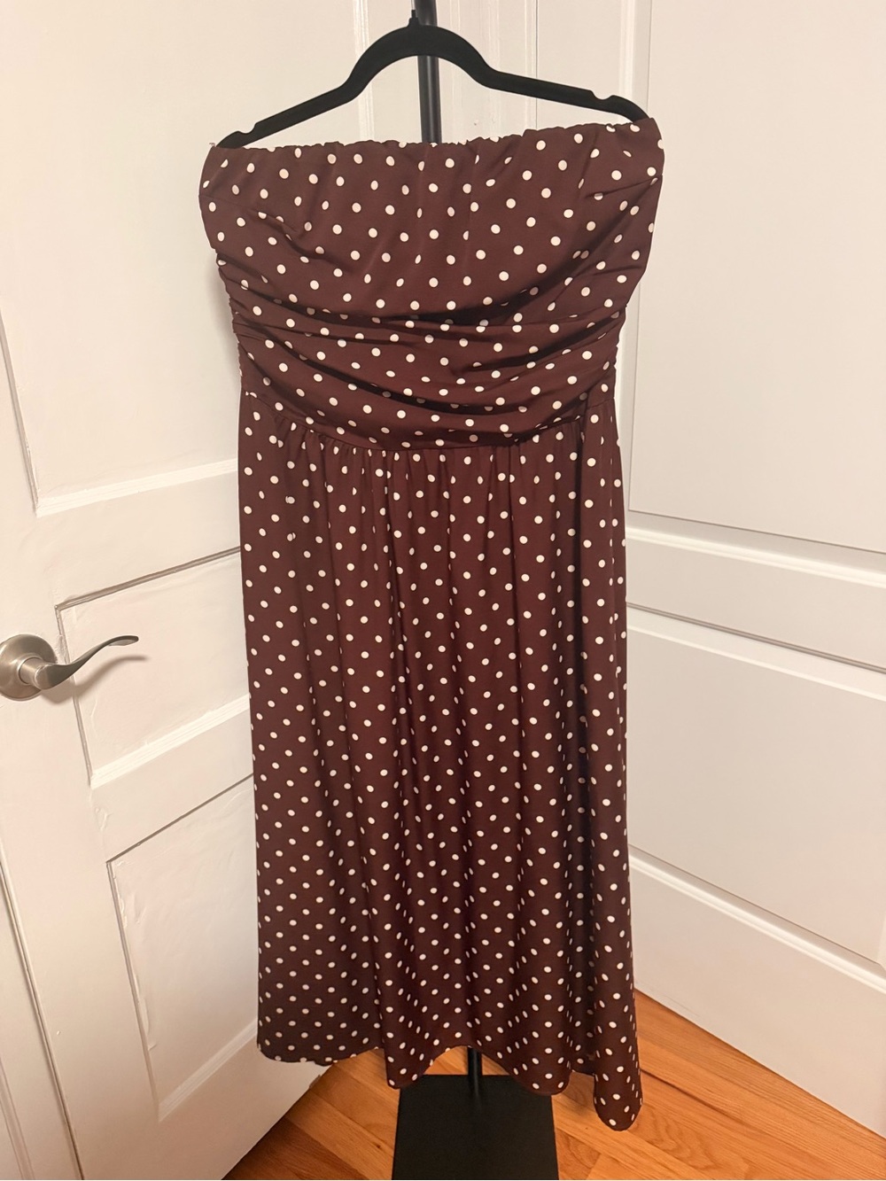 Strapless Brown Polka Dot Midi Dress